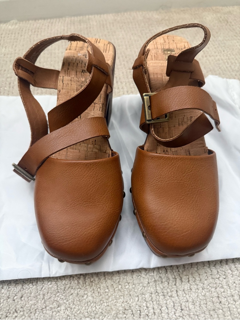 Classic Tan Leather-Look Clog Sandals with Cork Footbed